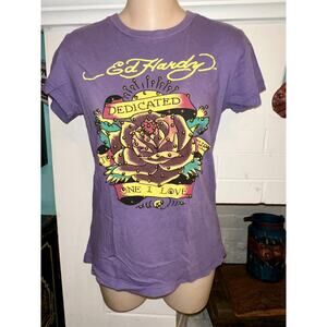 VINTAGE Y2K ED HARDY STUDDED PURPLE TEE S